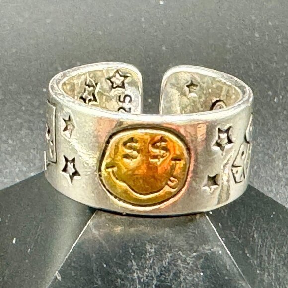 925 Sterling Smiley Happy Money Face Poker Boho Ring (Silver Face) #1380 - Picture 11 of 11